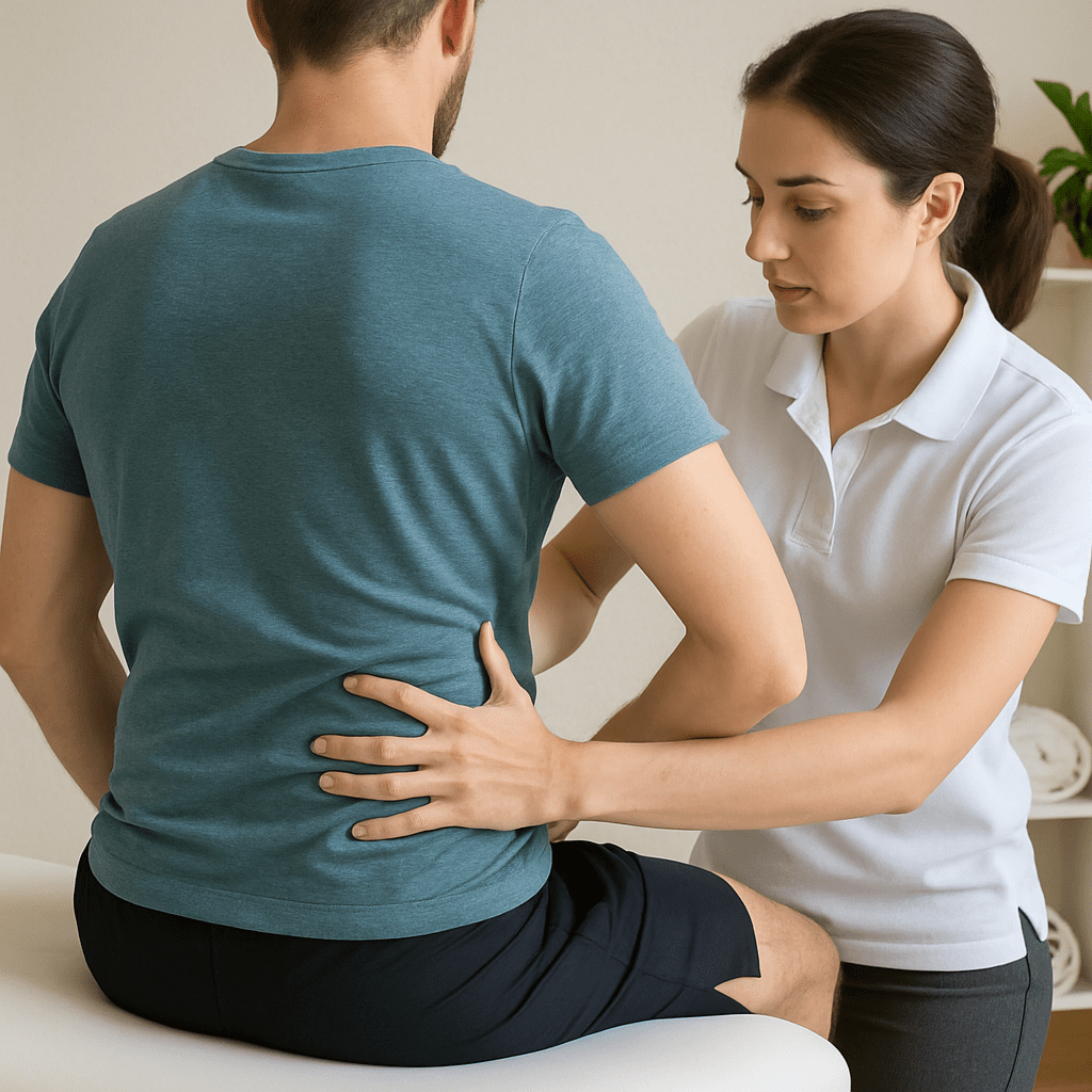 Physiotherapeut behandelt den unteren Rücken eines Patienten