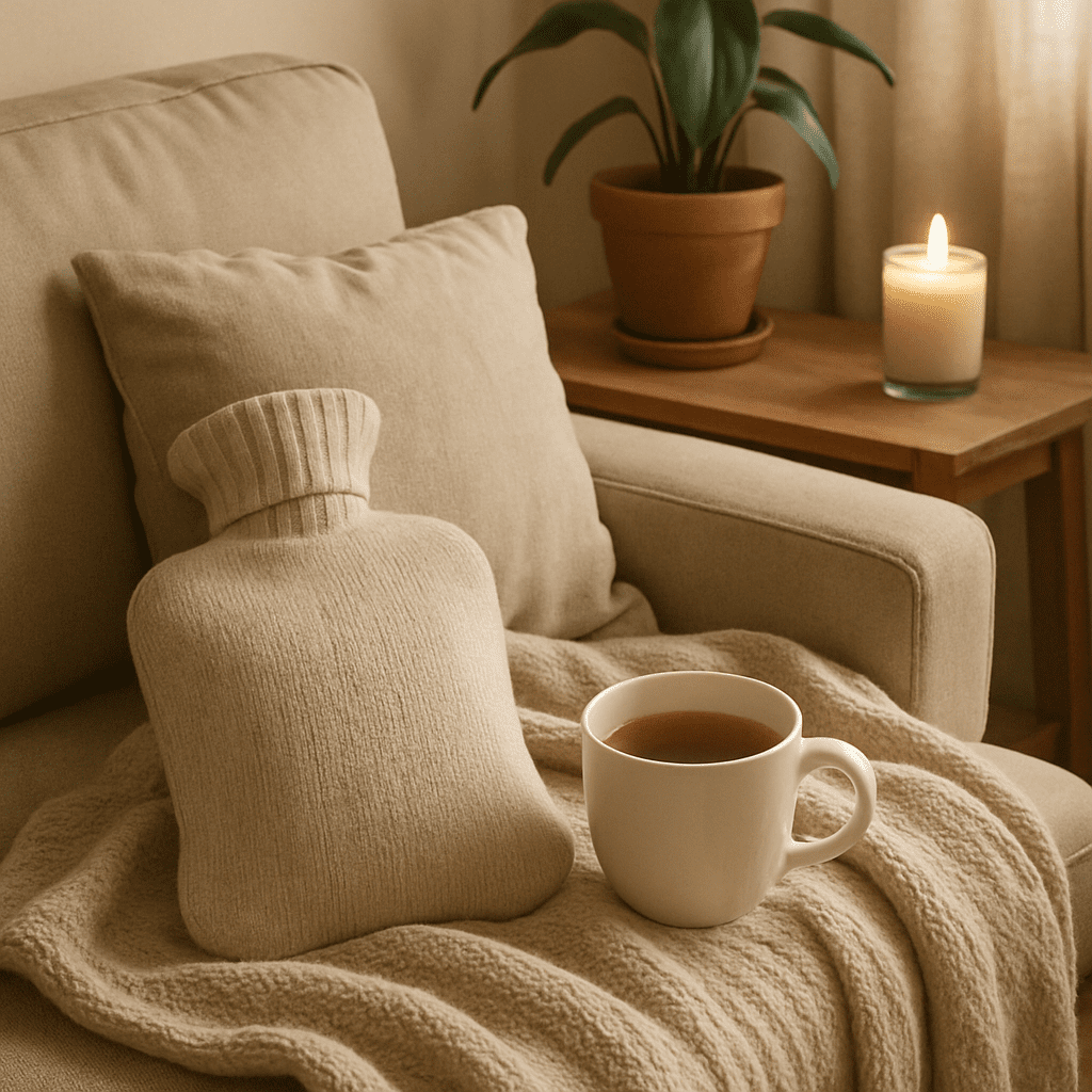 Ein gemütliches Wohnzimmer-Setting mit einer Wärmeflasche und einer Tasse Tee, das eine heilende Atmosphäre ausstrahlt.