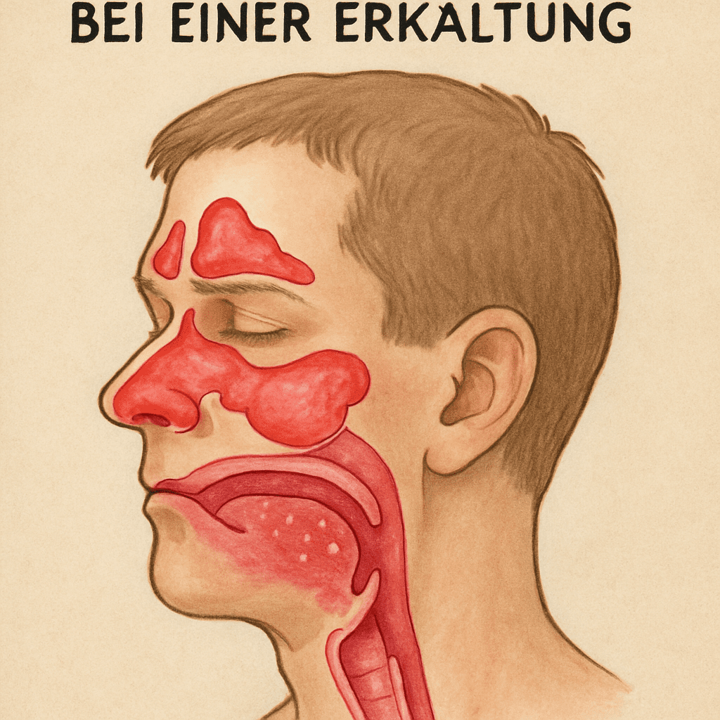 Eine anatomische Darstellung der gereizten Nasennebenhöhlen und des Rachens bei einer Erkältung