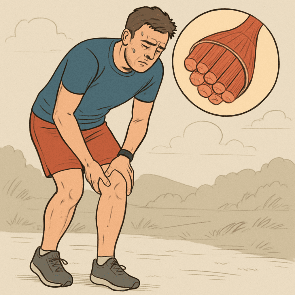 Ein sportlich aktiver Mensch, der sich am Tag nach dem Training die Oberschenkel hält, mit einer schematischen Lupenansicht auf eine Muskelfaser im Hintergrund.