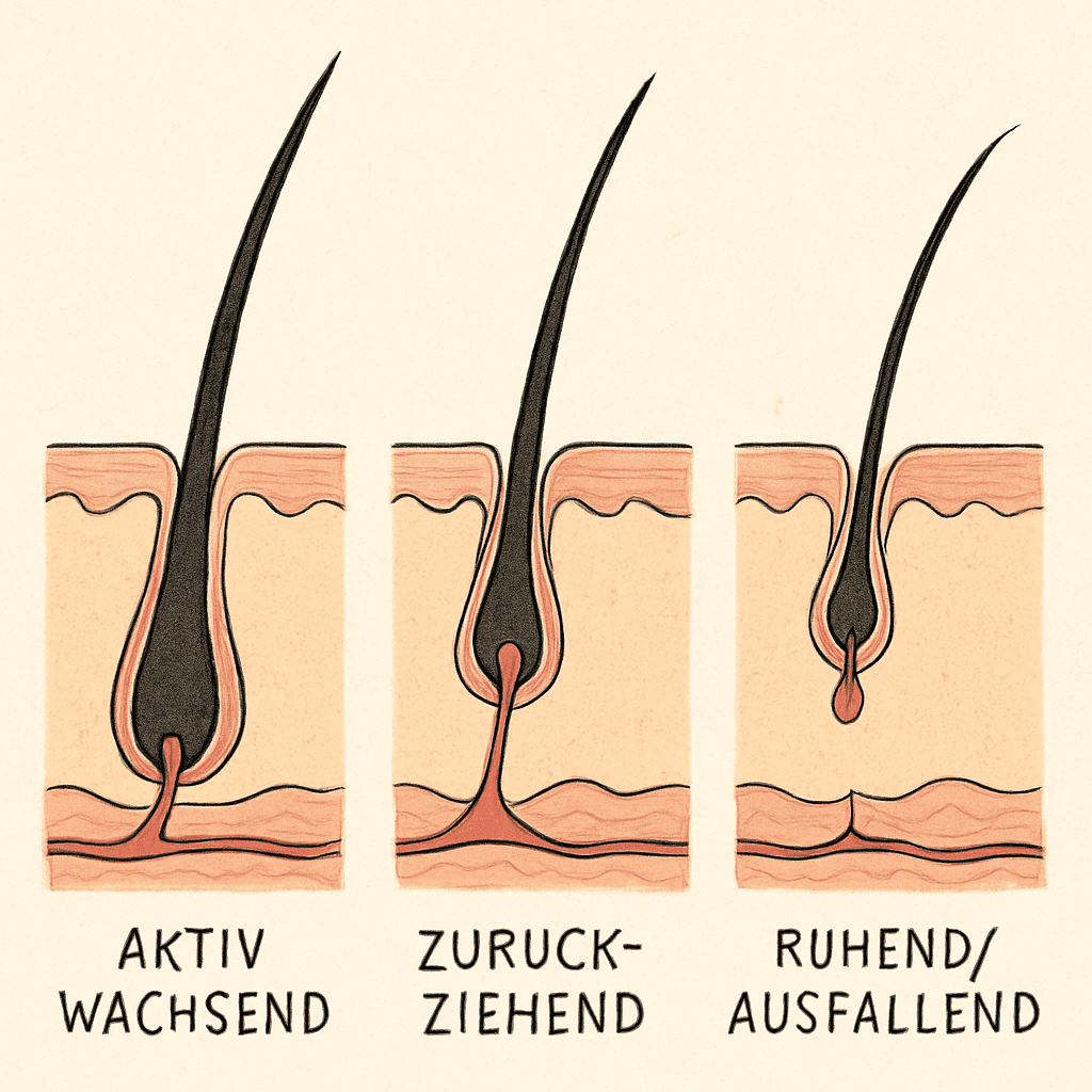 Eine Illustration eines einzelnen Haarfolikels in drei Stadien: Aktiv wachsend, sich zurückziehend und ruhend/ausfallend.