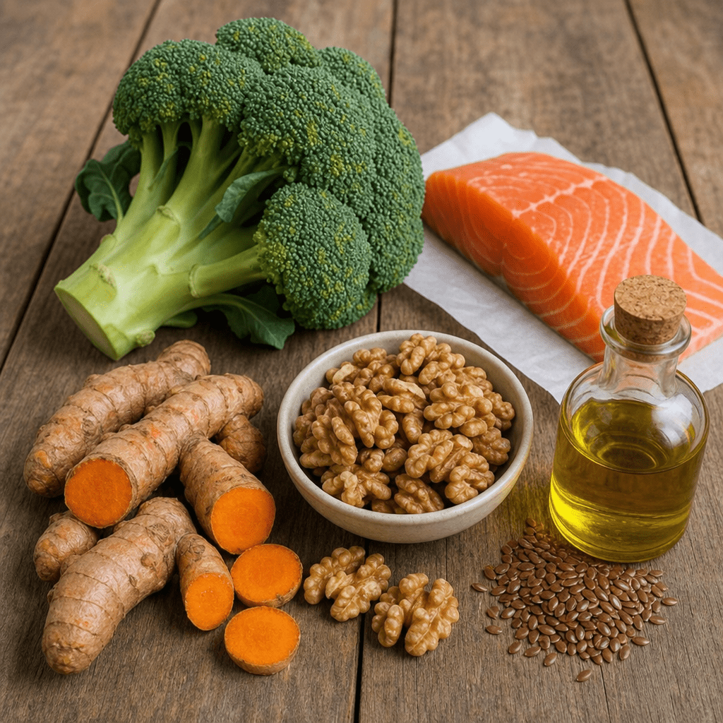 Frische Zutaten für eine anti-entzündliche Ernährung: Lachs, Brokkoli, Kurkuma-Wurzel, Walnüsse und Leinöl auf einem Holztisch