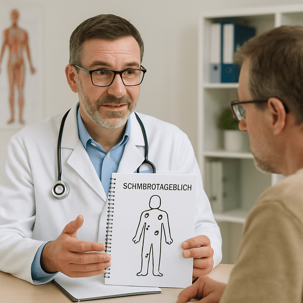 Arzt und Patient im Gespräch über ein Schmerztagebuch
