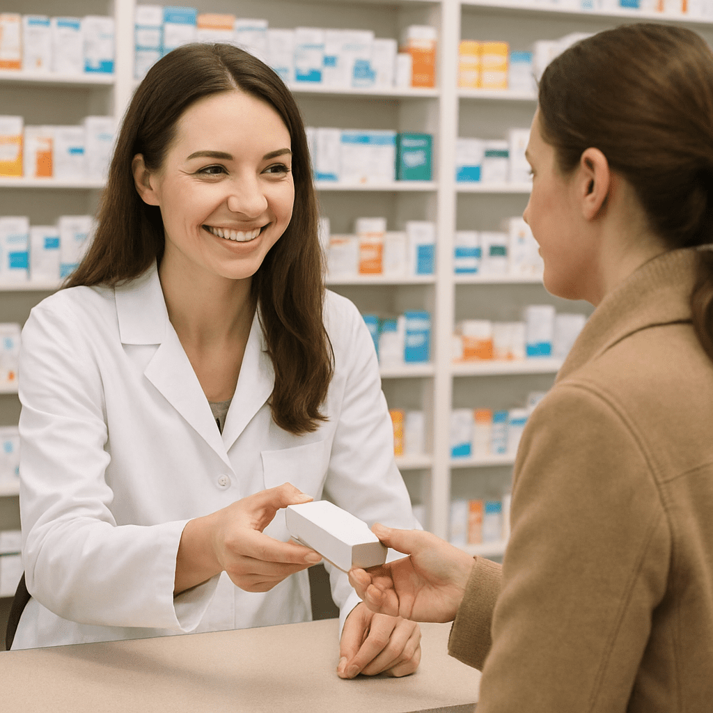 Eine Apothekerin übergibt einer Kundin lächelnd ein Medikament am Tresen