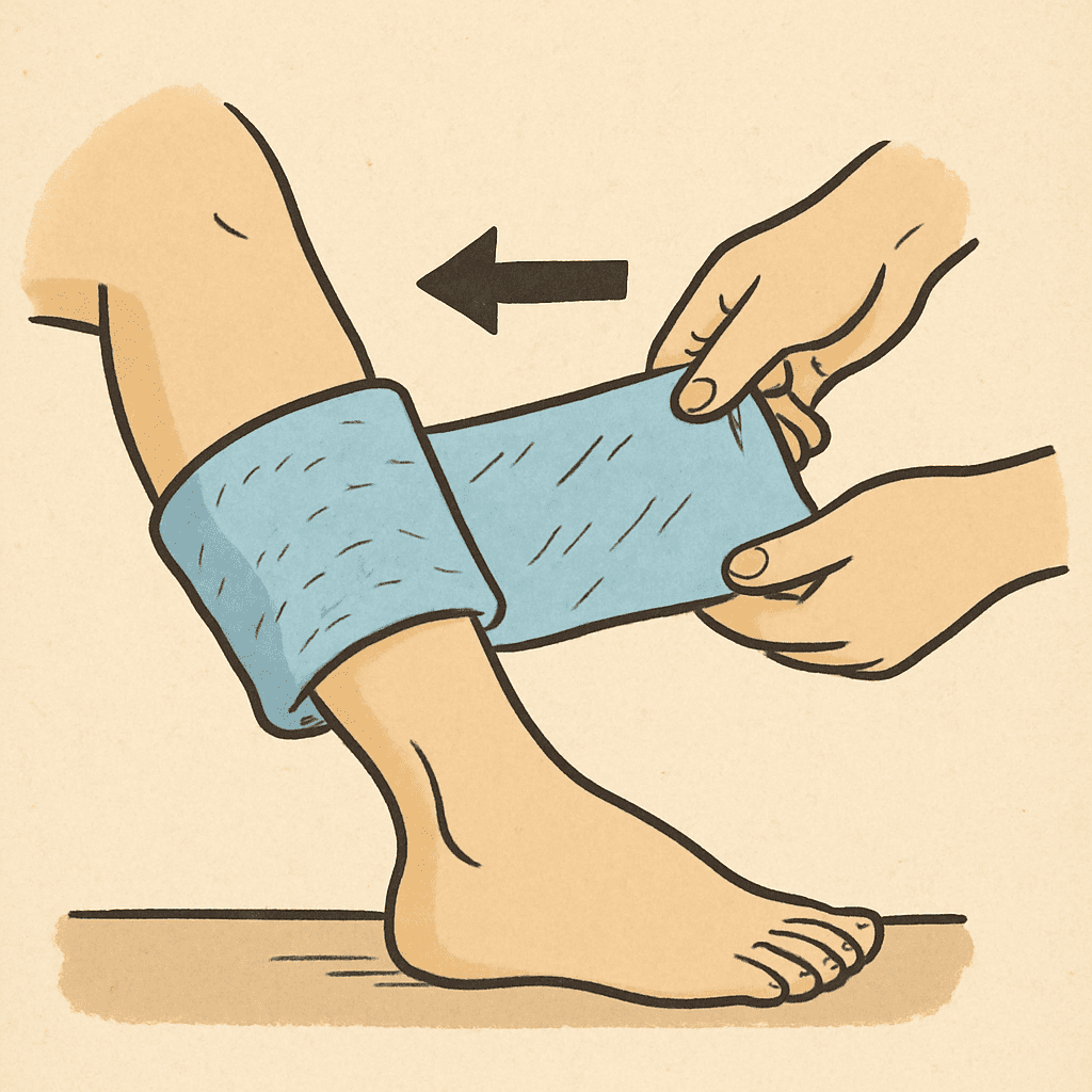 A simple illustration showing how to wrap a damp cloth around a lower leg.