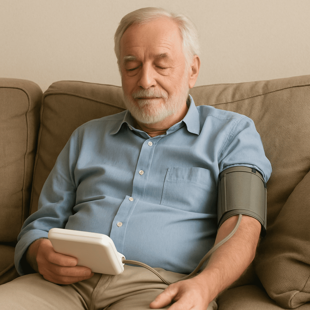 Ein älterer Herr, der entspannt auf dem Sofa sitzt und mit einem elektronischen Gerät seinen Blutdruck misst