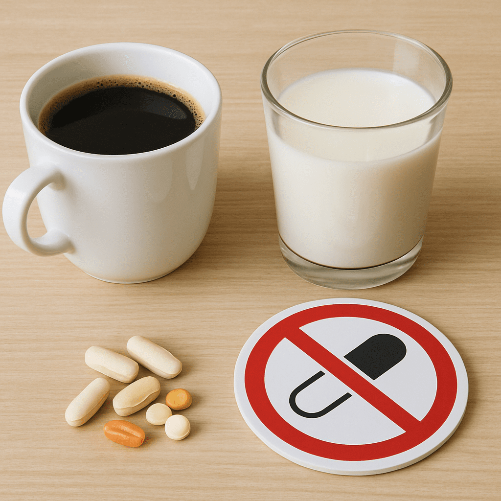 Eine Tasse Kaffee, ein Glas Milch und Vitamin-Pillen mit einem roten Warnsymbol bezüglich der Medikamenteneinnahme