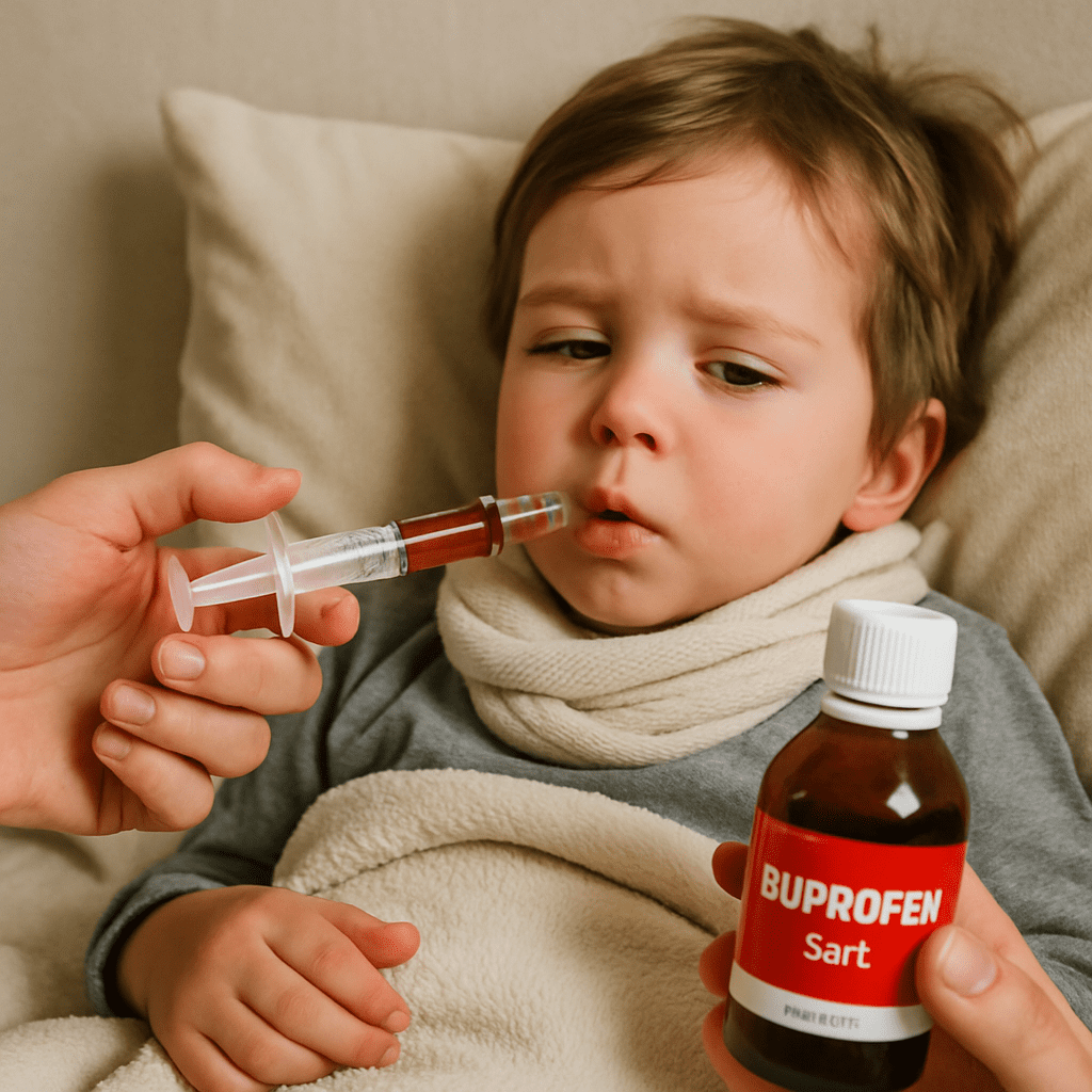 Ein Elternteil verabreicht einem fiebernden Kind Ibuprofen-Saft mit einer Dosierspritze