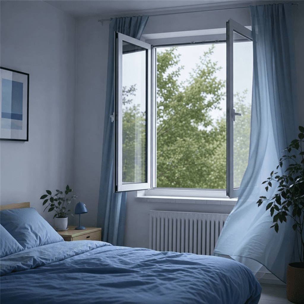 Geöffnetes Fenster in einem kühlen, gut belüfteten Schlafzimmer