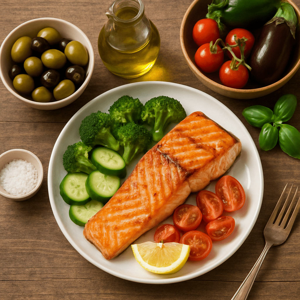 Gesunde mediterrane Ernährung mit Lachs, Olivenöl und Gemüse