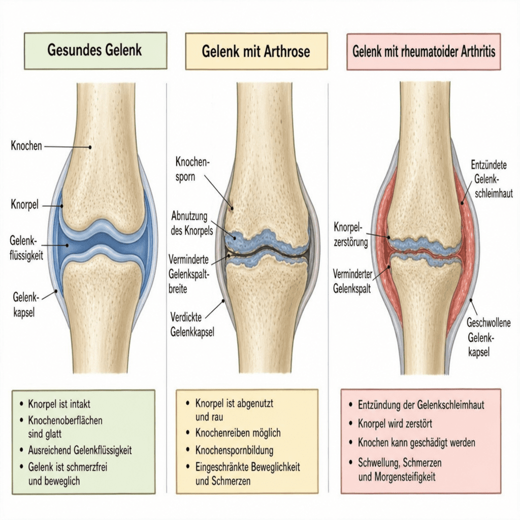Vergleichsgrafik eines gesunden Gelenks, eines Gelenks mit Arthrose und eines Gelenks mit rheumatoider Arthritis