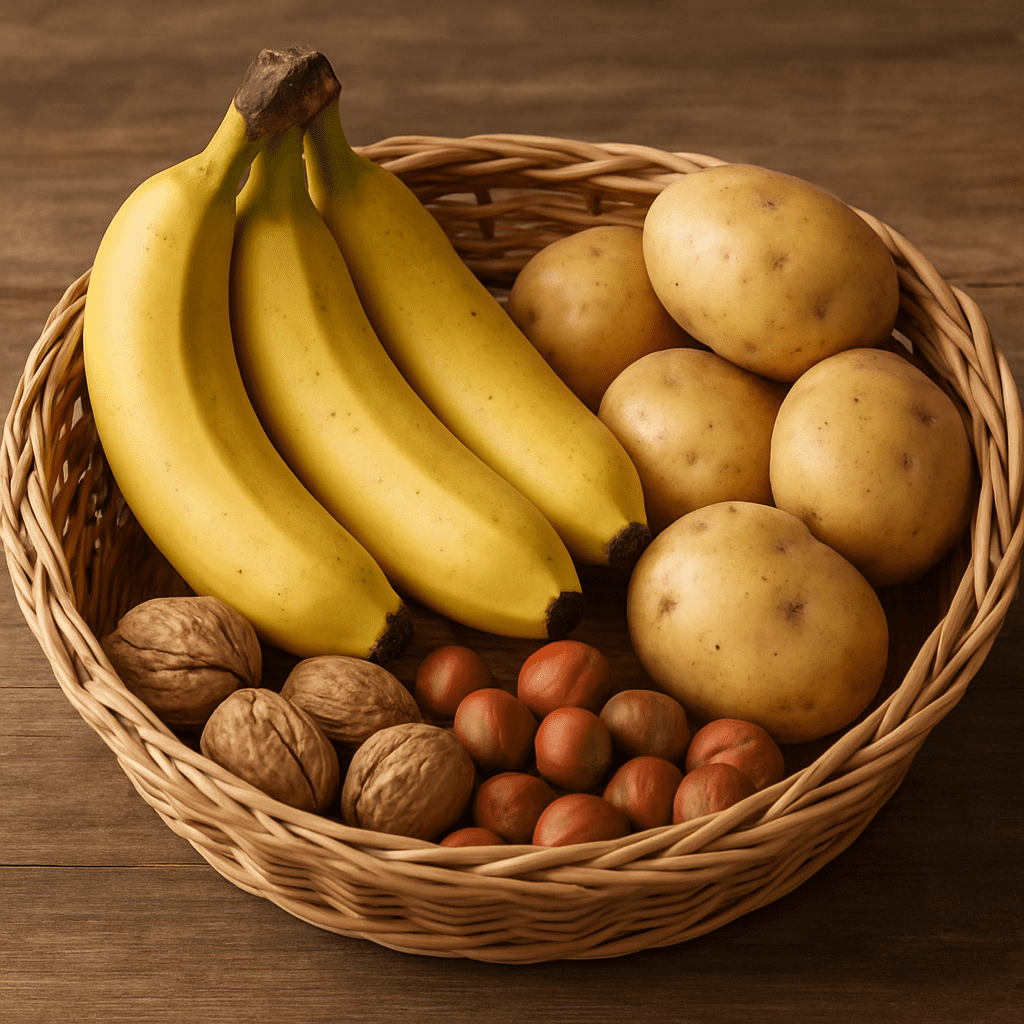Ein Korb mit kaliumreichen Lebensmitteln wie Bananen, Kartoffeln und Nüssen