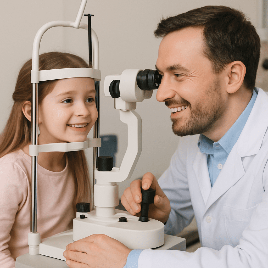 Augenarzt untersucht ein kleines Mädchen freundlich mit speziellen Geräten