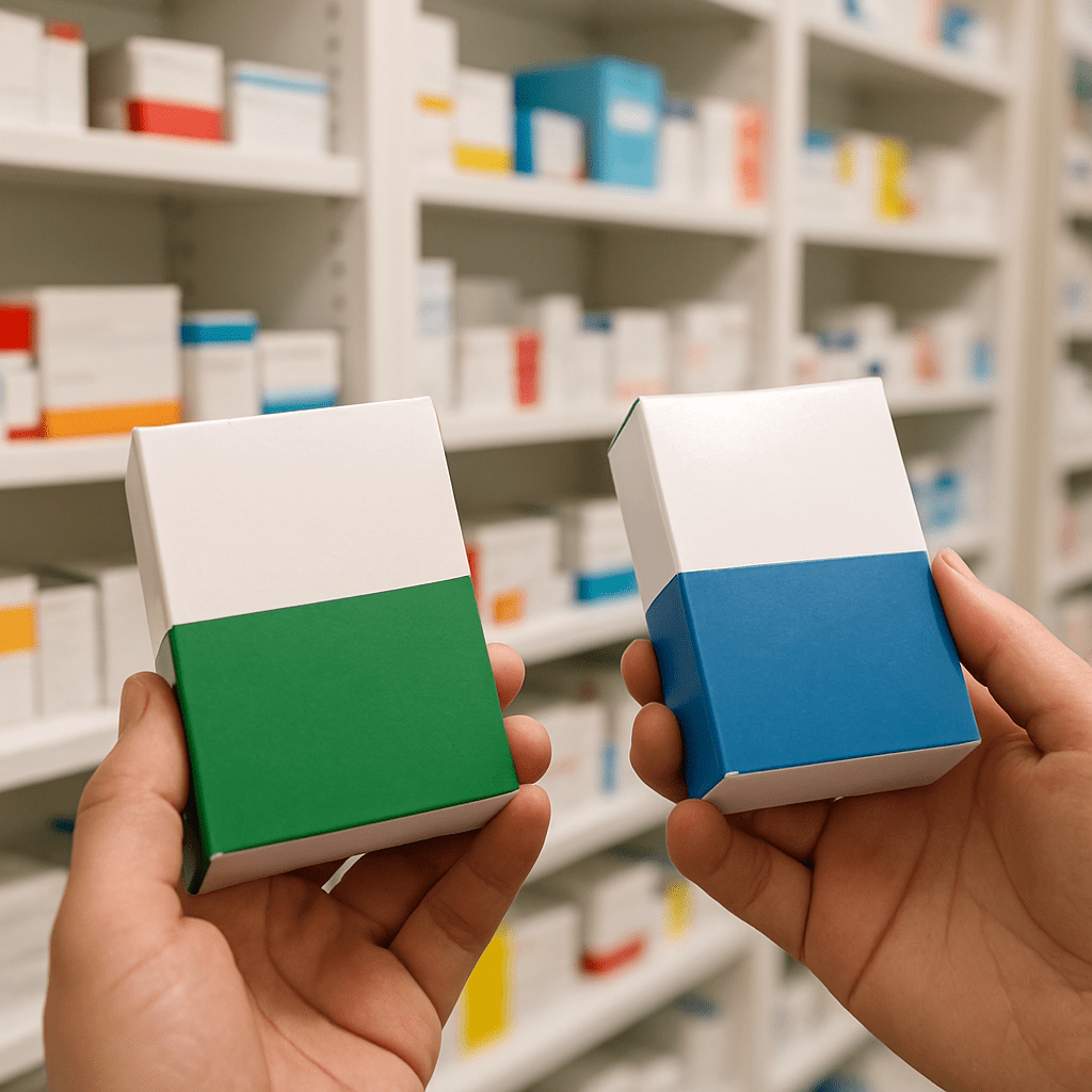 Vergleich von zwei verschiedenen Medikamentenpackungen in einer Apotheke