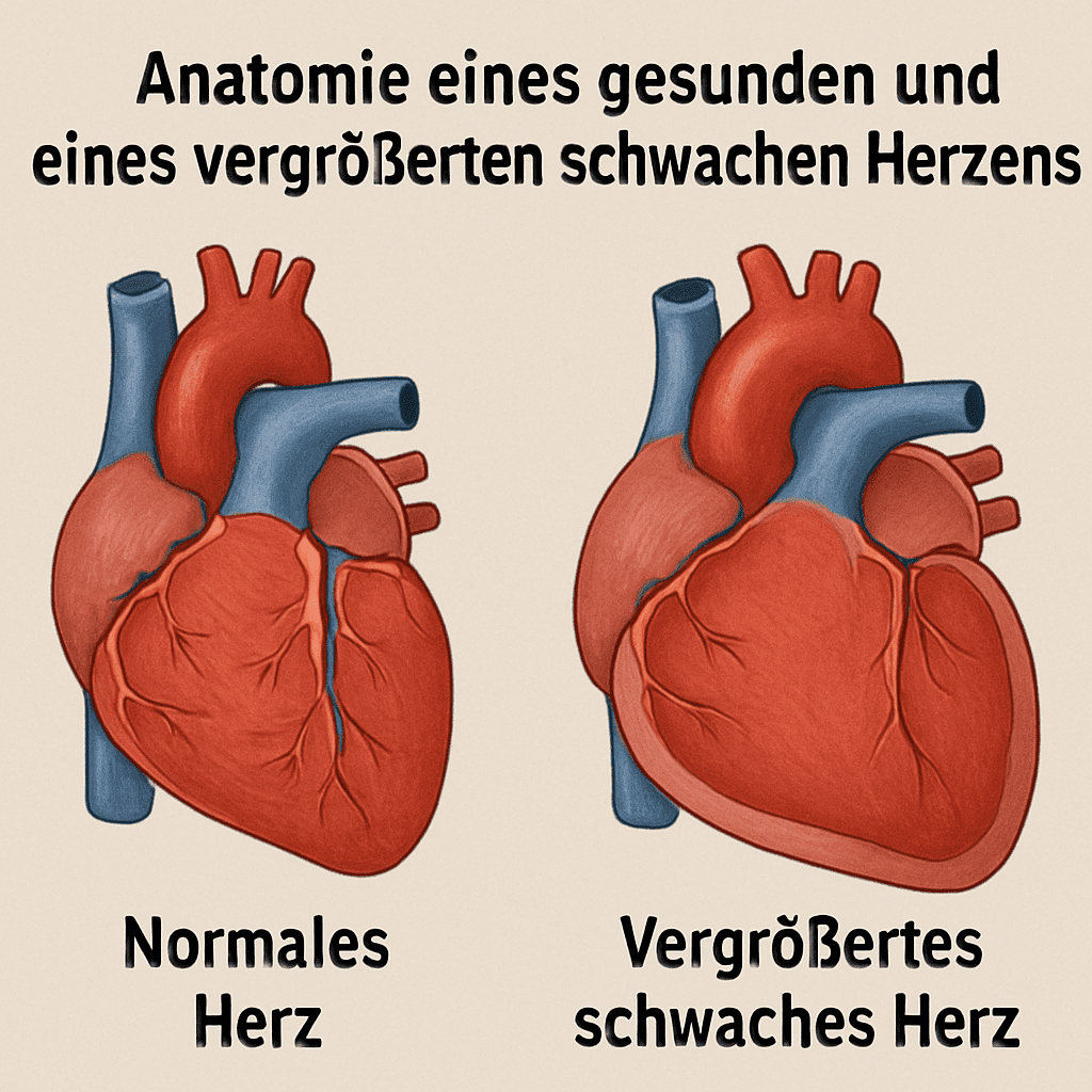 Illustration der Anatomie eines gesunden und eines vergrößerten schwachen Herzens