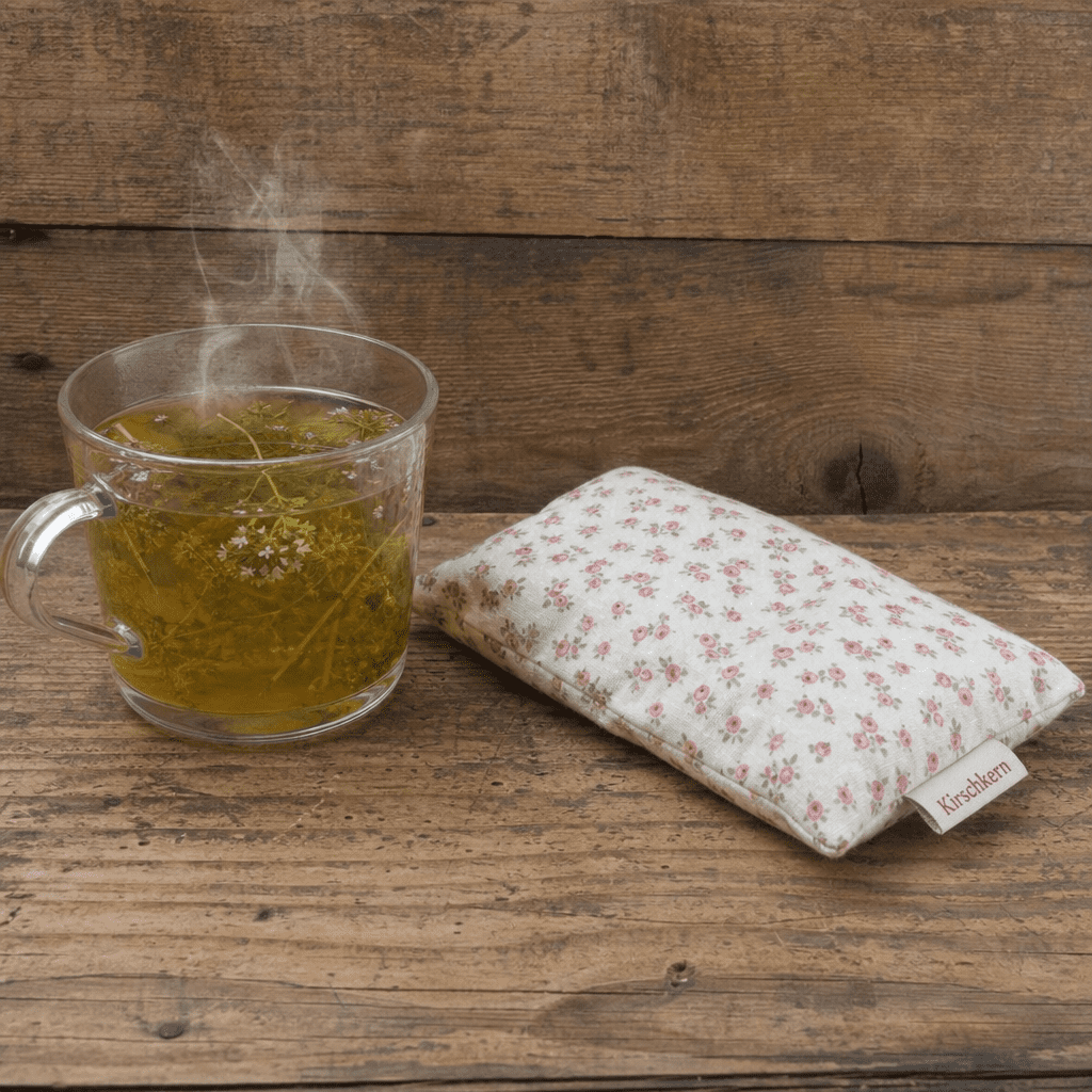 Tasse dampfender Kräutertee neben einem Kirschkernkissen auf einer rustikalen Holzoberfläche