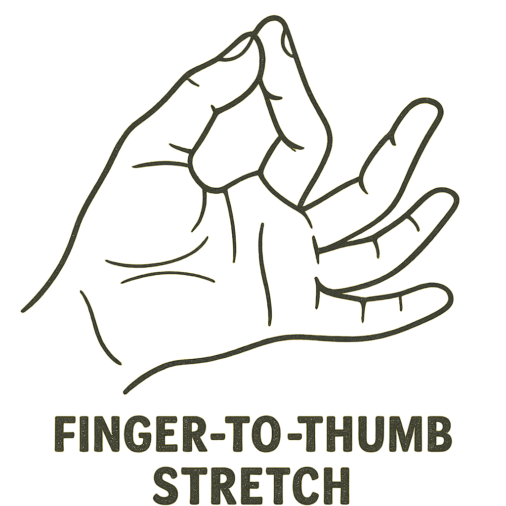 Eine einfache, übersichtliche Grafik einer Hand, die eine Finger-zu-Daumen-Dehnung ausführt und eine grundlegende Mobilitätsübung demonstriert.