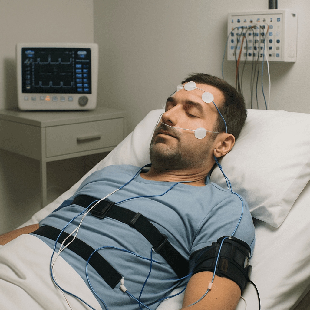 Ein Patient liegt entspannt in einem modernen Schlaflabor, an verschiedene Sensoren angeschlossen