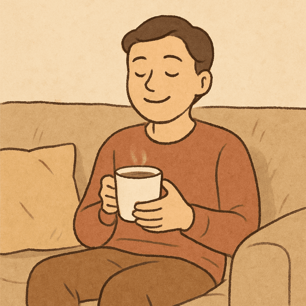 A person sitting comfortably on a sofa holding a warm cup of tea, looking relieved, symbolizing the easing of internal tension.