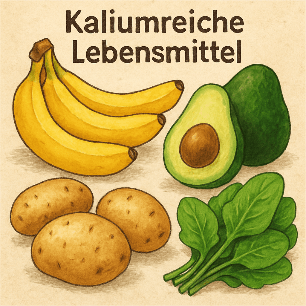 Eine bunte Auswahl an kaliumreichen Lebensmitteln wie Bananen, Avocados, Kartoffeln und Spinat
