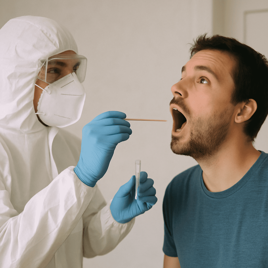 Ein Arzt in Schutzkleidung führt einen Rachenabstrich bei einem männlichen Patienten durch
