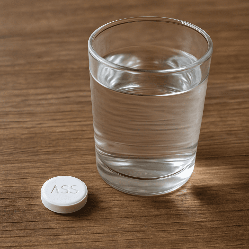 Eine weiße ASS-Tablette neben einem Glas Wasser auf einem Holztisch