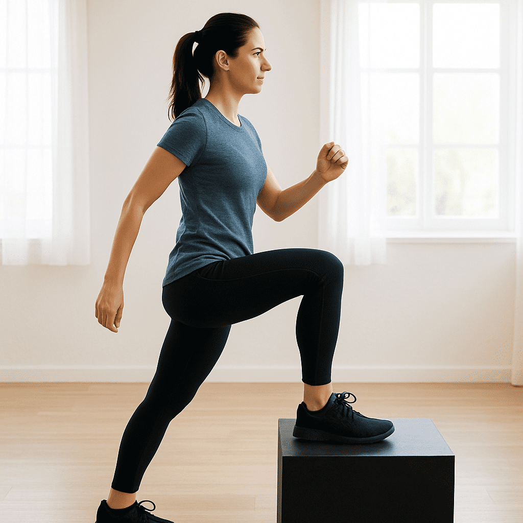 Eine Person in Sportkleidung führt in einem hellen Raum eine sanfte Step-up-Übung auf einer stabilen Plattform aus.
