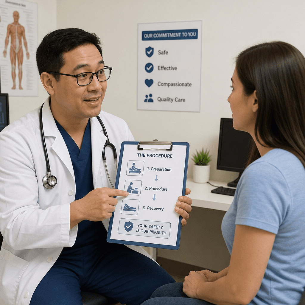 A friendly doctor explaining a procedure to a patient, emphasizing safety and clarity.