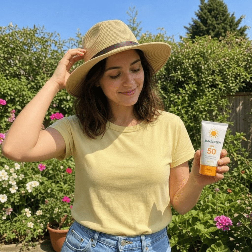 Eine Person, die im sonnigen Garten einen Hut mit breiter Krempe aufsetzt und eine Tube Sonnencreme in der Hand hält.