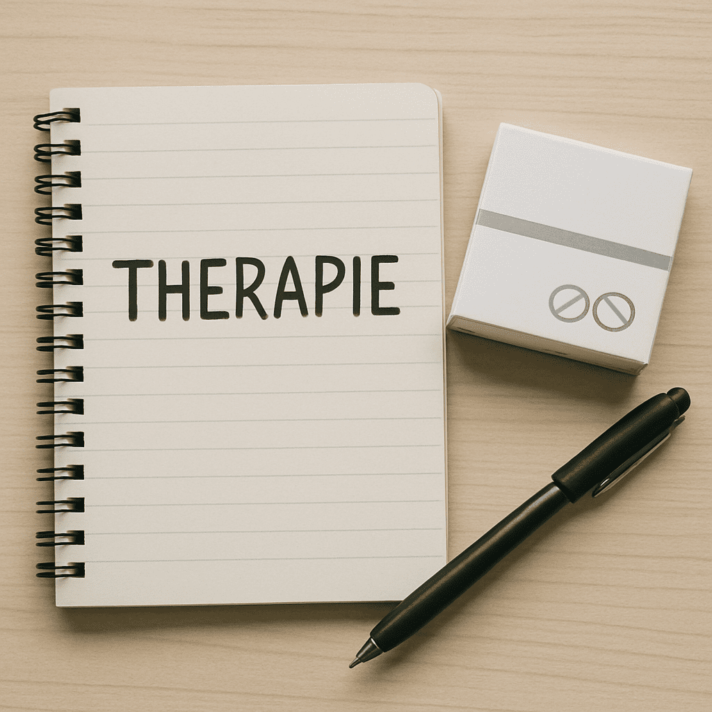 Notizbuch mit dem Wort Therapie, daneben eine Medikamentenschachtel und ein Stift