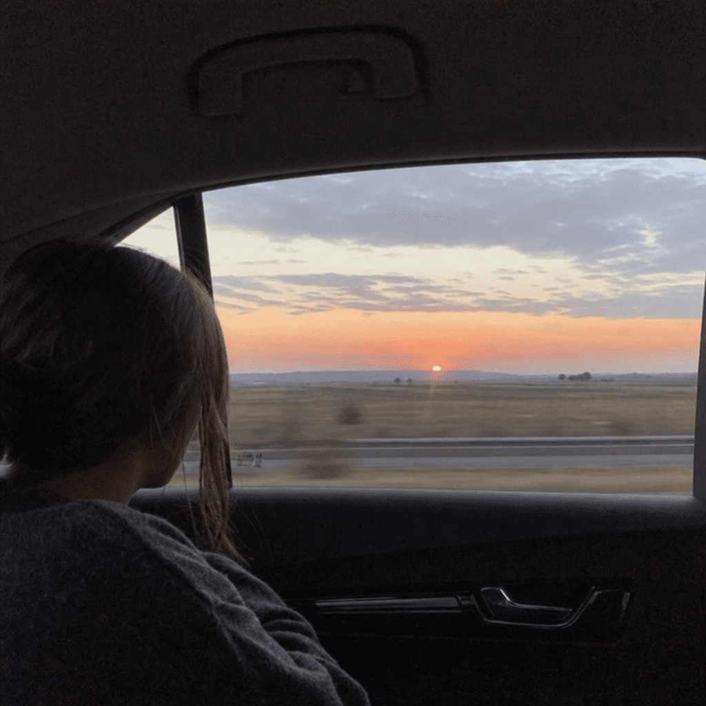 Person blickt aus dem Fenster eines fahrenden Autos auf den Horizont