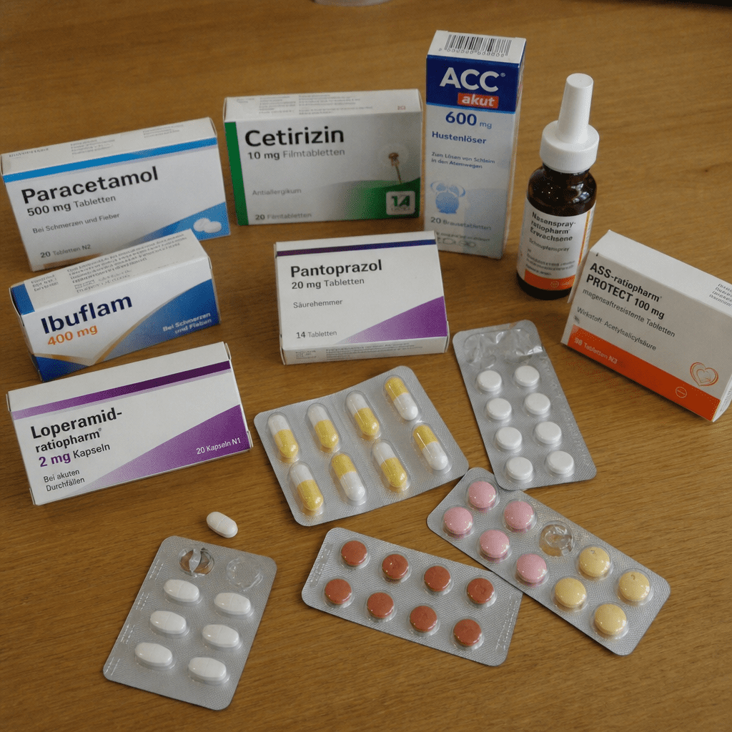 Verschiedene Medikamente und Tabletten-Blister auf einem Tisch