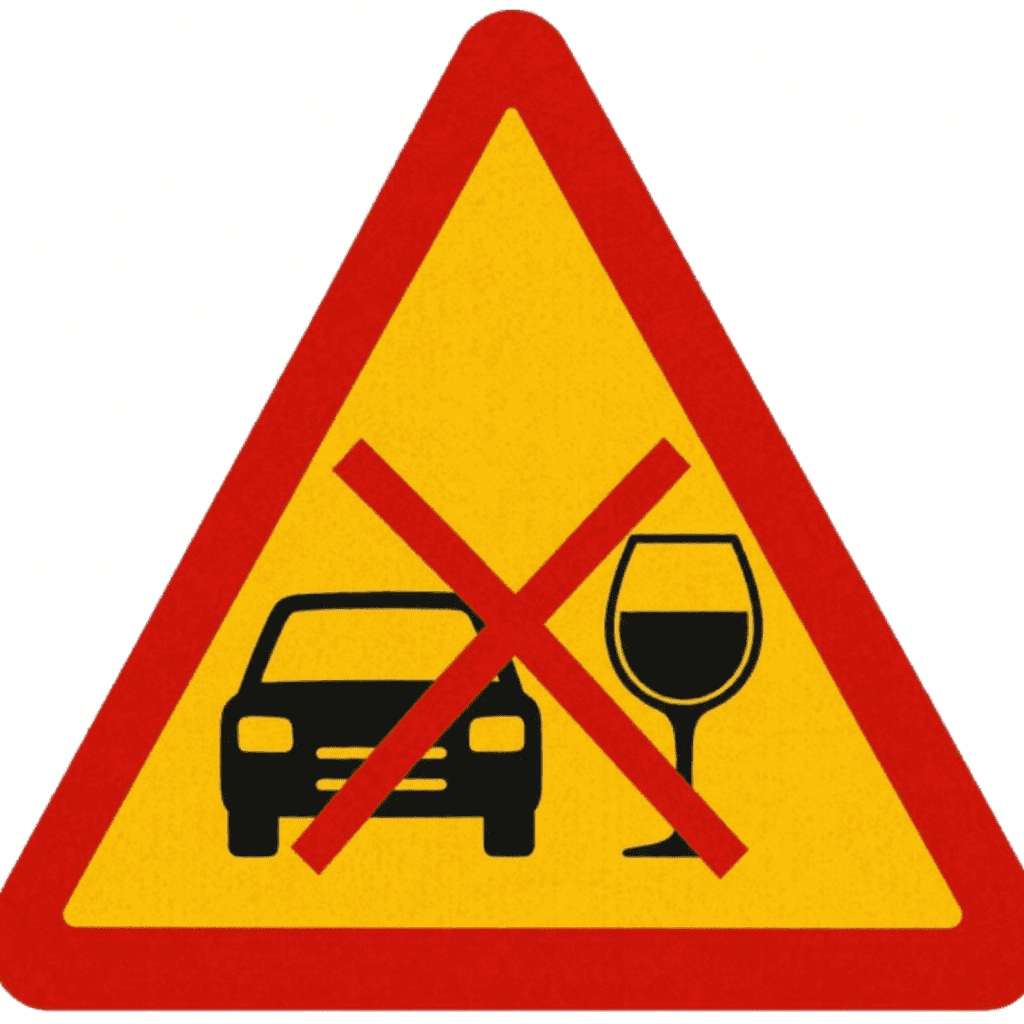 Ein Warnschild, das ein Auto und ein Weinglas mit einem Kreuz durchstreicht und damit Vorsicht statt eines totalen Verbots betont.