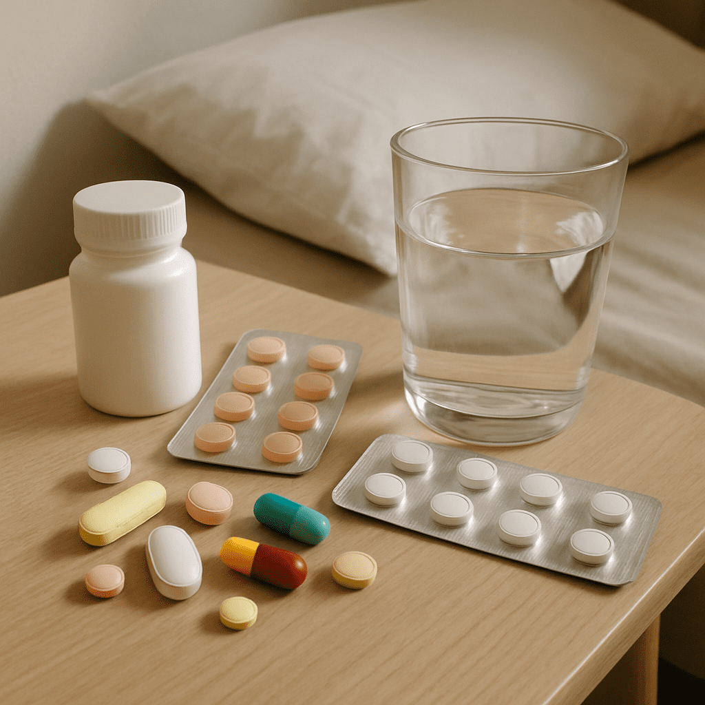 Verschiedene Medikamente und Tabletten liegen neben einem Glas Wasser auf einem Nachttisch