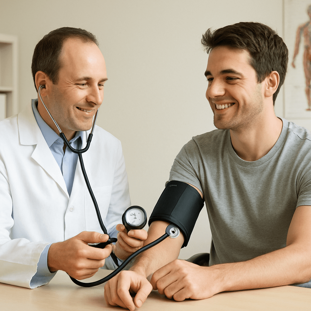Ein Arzt misst bei einem lächelnden Patienten den Blutdruck