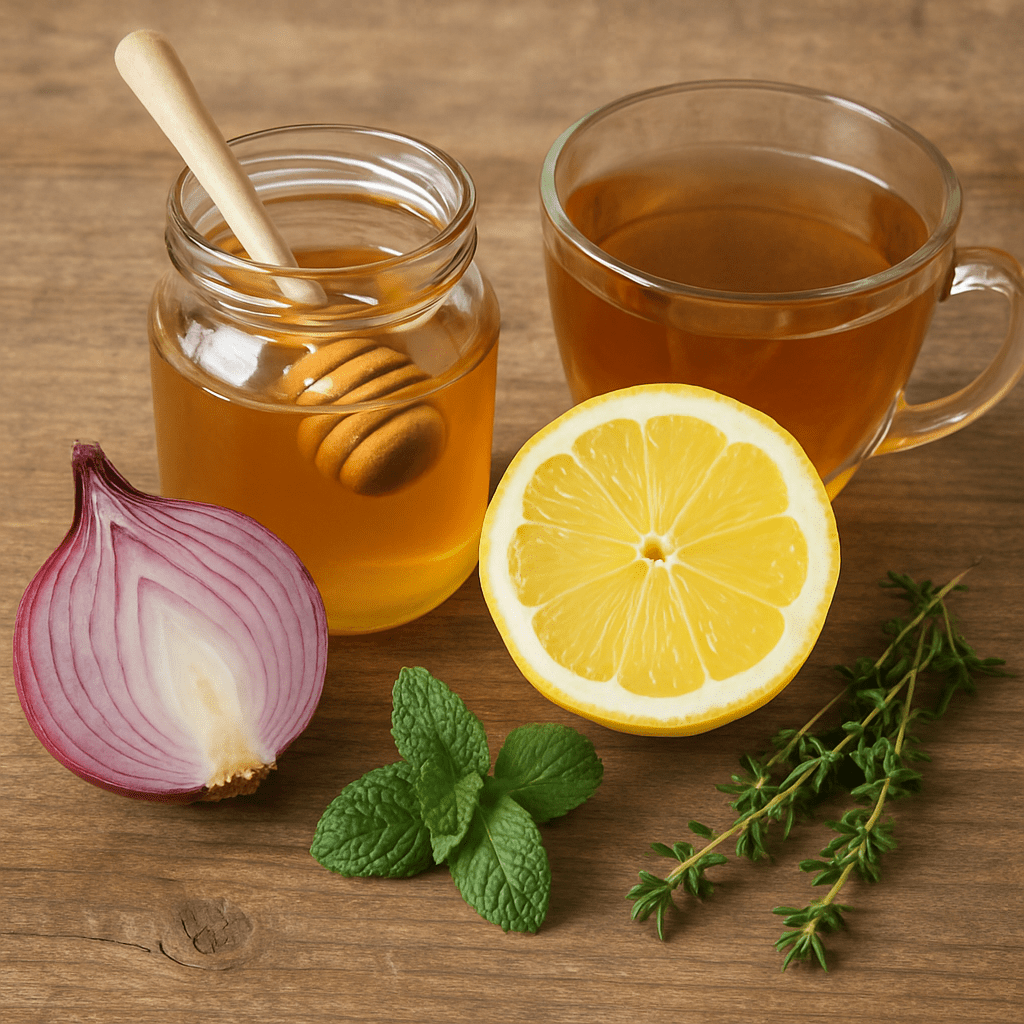 Verschiedene Hausmittel gegen Husten wie Honig, Zitrone, Zwiebeln und Kräutertee auf einem Holztisch