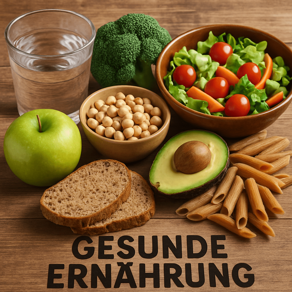 Gesunde Ernährung mit viel Wasser, Gemüse und Vollkornprodukten auf einem Holztisch