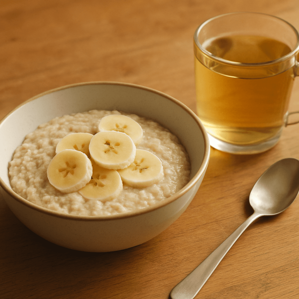 Eine Schüssel mit Haferschleim, Bananenscheiben und einem Glas Fencheltee auf einem Holztisch