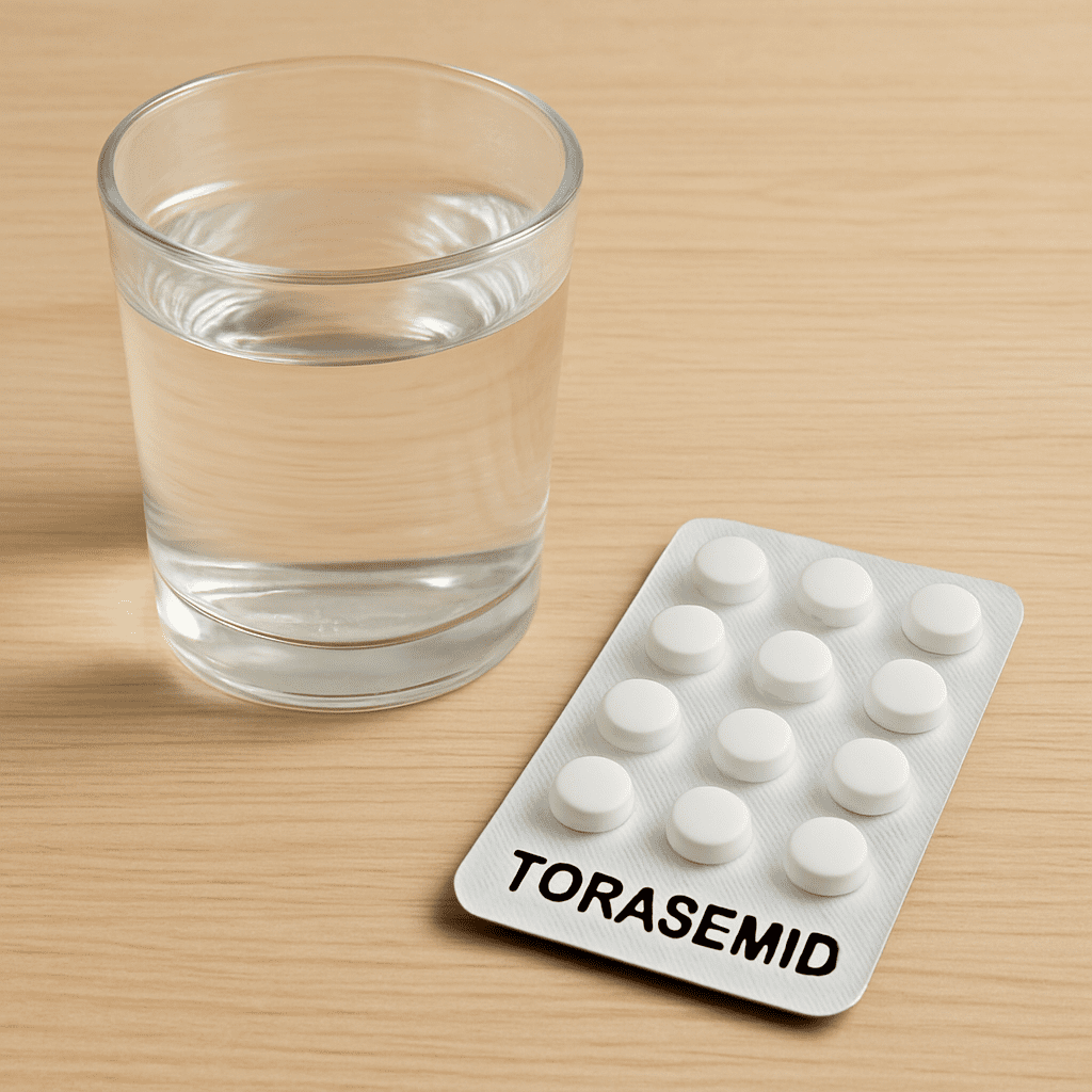 Ein Glas Wasser neben einer Blisterpackung mit Torasemid-Tabletten auf einem hellen Holztisch