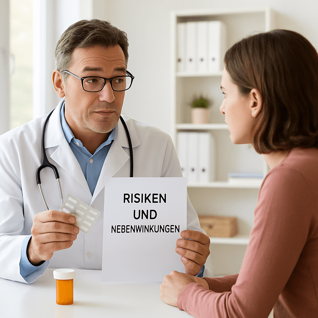 Ein Arzt bespricht in einer hellen Praxis die Risiken und Nebenwirkungen von Medikamenten mit einer Patientin
