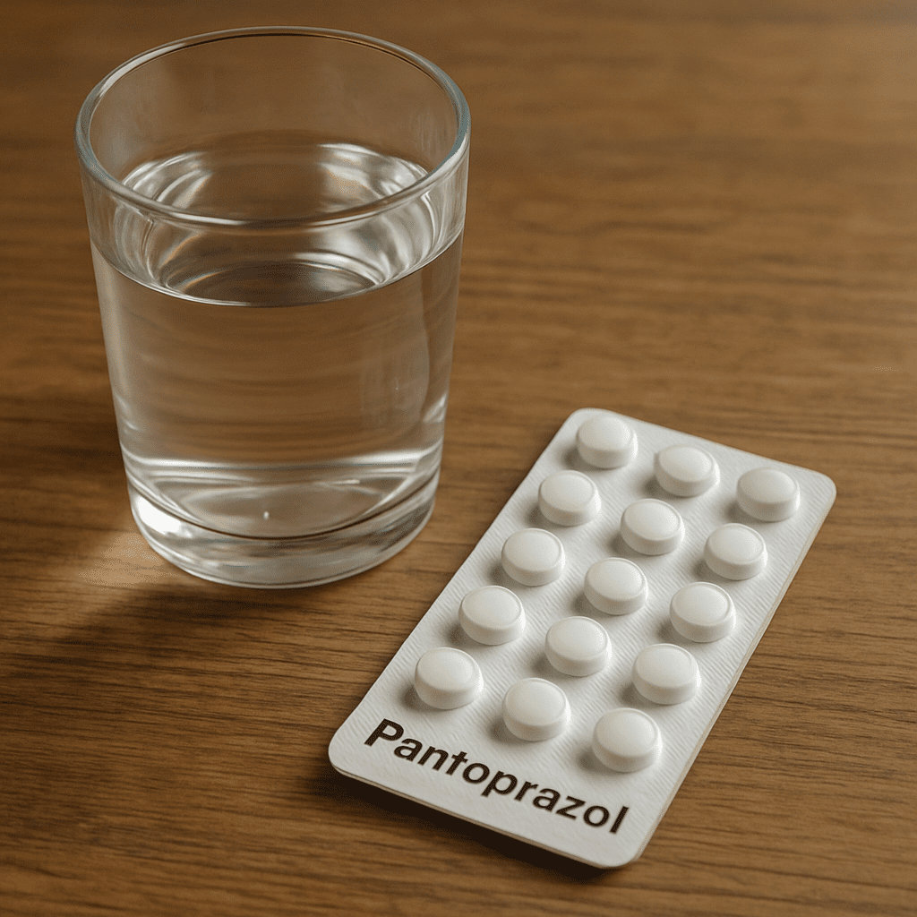 Ein Glas Wasser und Pantoprazol Tabletten auf einem Holztisch