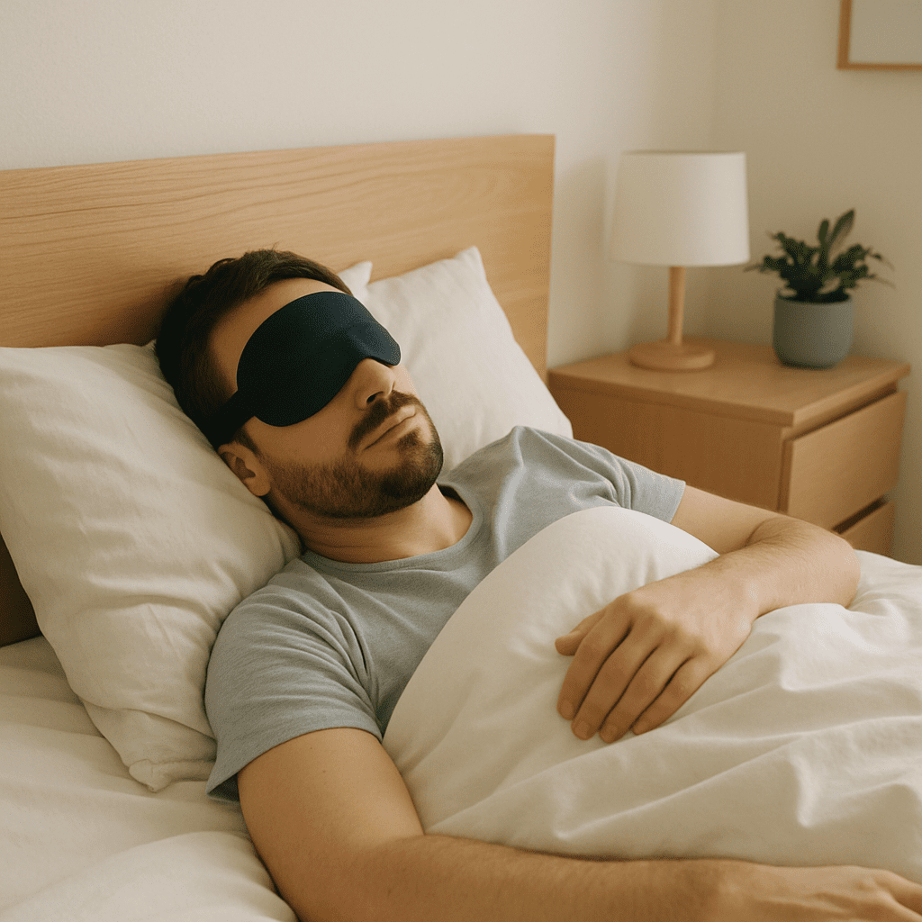 Ein Mann mit einer Schlafmaske im Bett, der friedlich schläft, umgeben von einem aufgeräumten Schlafzimmer