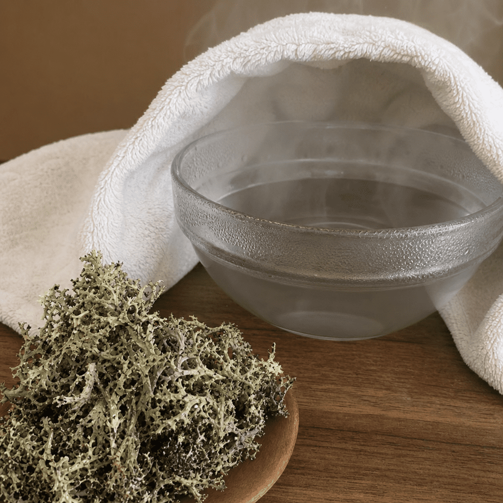 A close-up of Icelandic Moss (Isländisch Moos) or a simple bowl of steaming water with a towel, representing inhalation.