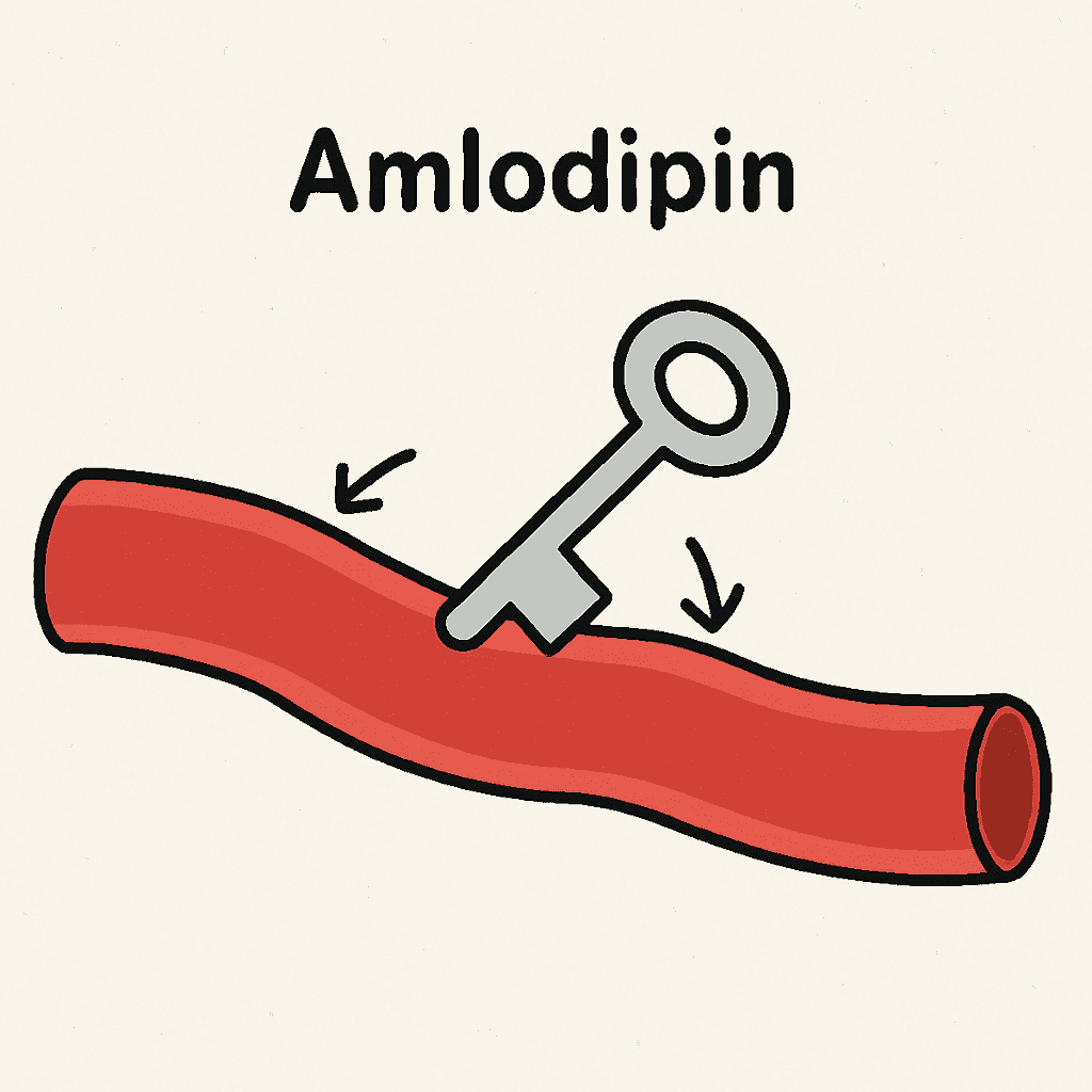 A simple illustration showing a blood vessel like a flexible tube being gently widened by a small key (representing Amlodipin).