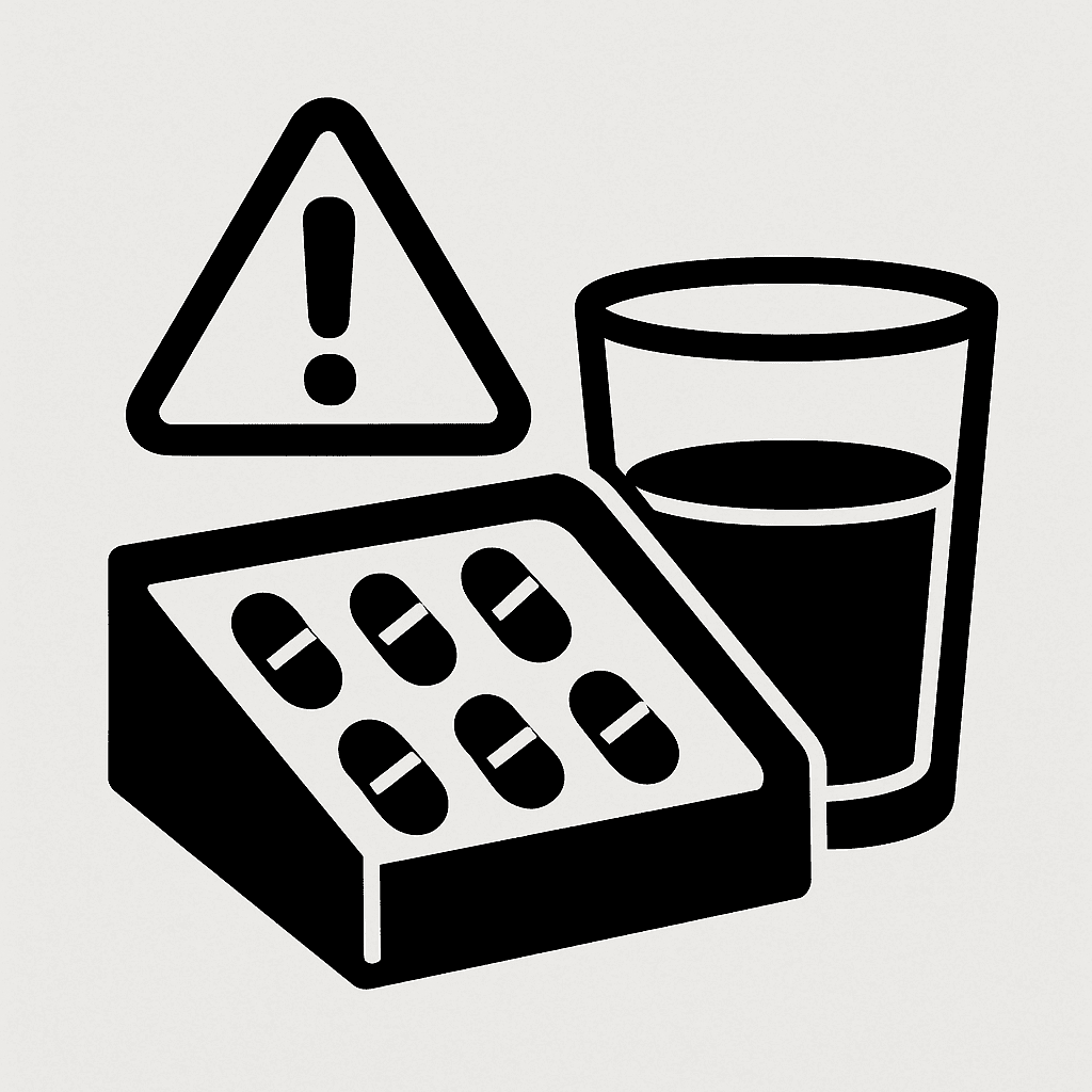 Warnsymbol-Icon dezent kombiniert mit einer Tablettenschachtel