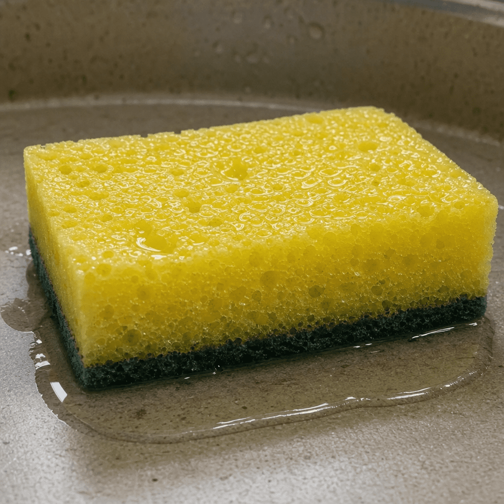 Eine Nahaufnahme eines Küchenschwamms, der Wasser aufsaugt und veranschaulicht, wie Macrogol Feuchtigkeit im Dickdarm hält.