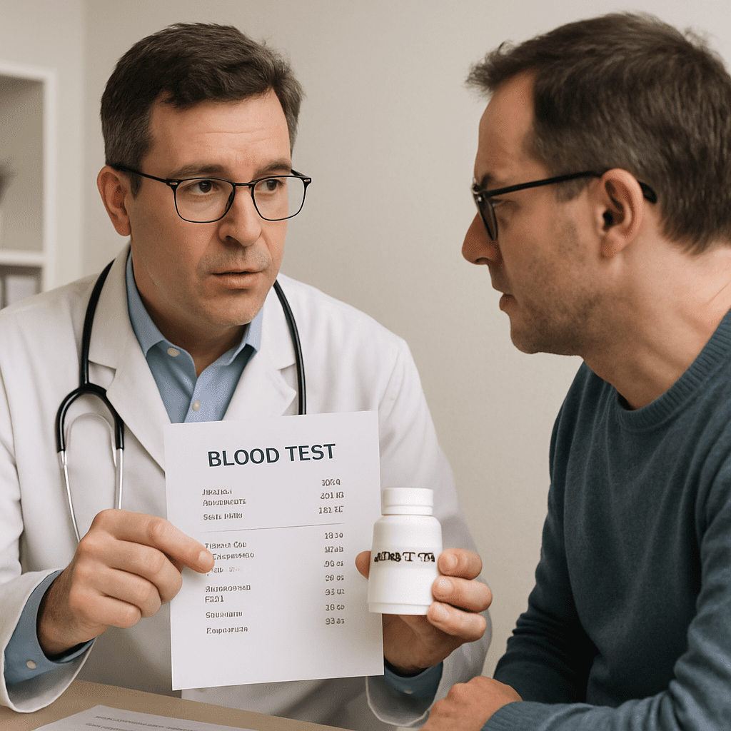 Arzt bespricht Blutwerte und Cholesterinsenker mit einem Patienten