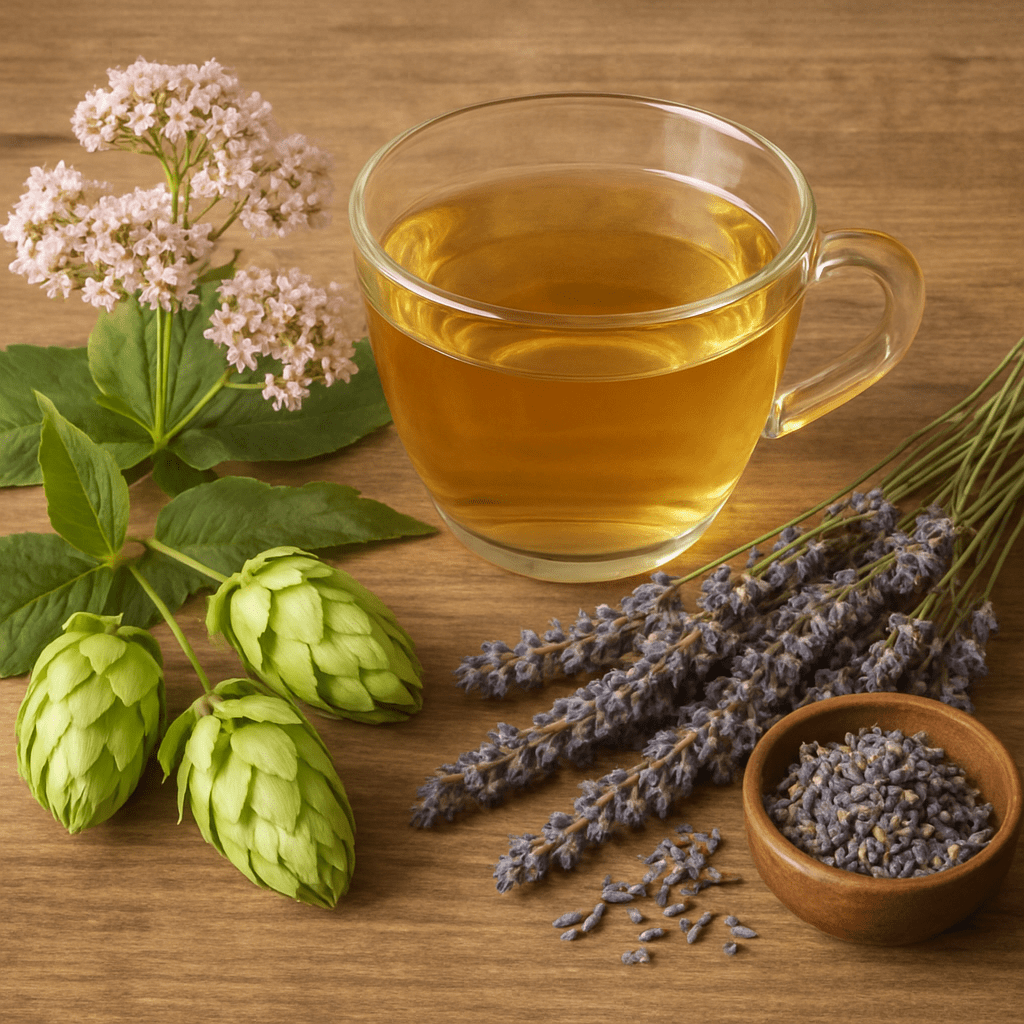 Verschiedene Heilkräuter wie Baldrian, Lavendel und Hopfen auf einem Holztisch, zubereitet als Tee