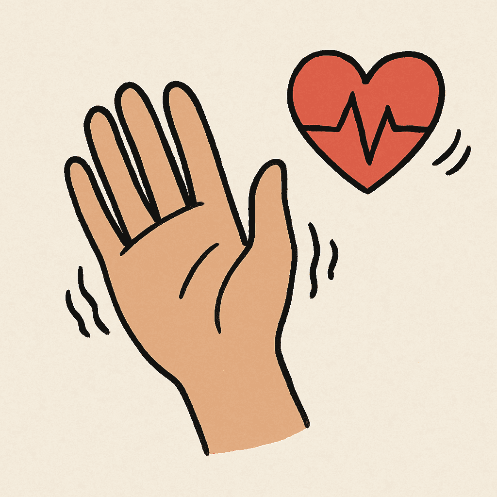A simplified, non-medical illustration showing a hand with a slight tremor and a racing heart symbol to represent overactivity.