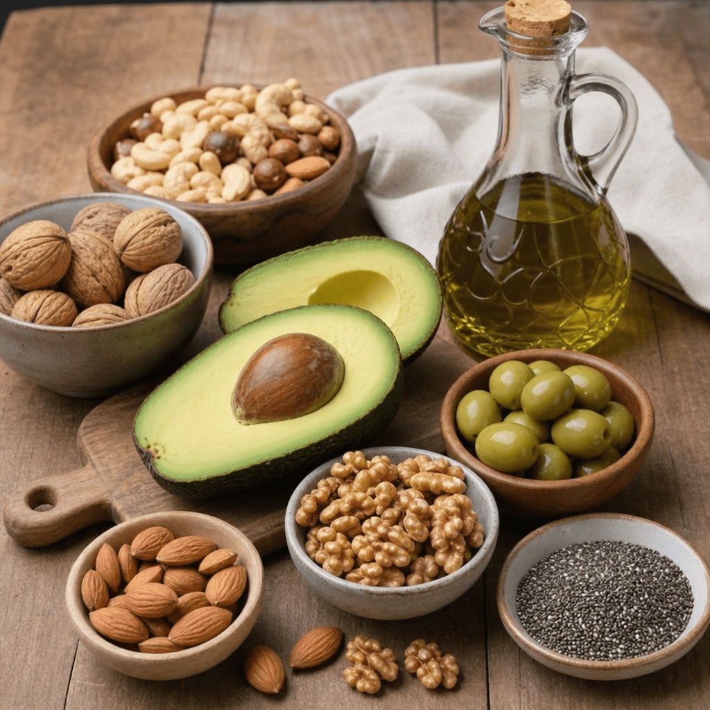 Gesunde, hochkalorische Lebensmittel wie Avocado, Nüsse und Olivenöl arrangiert auf einem Tisch